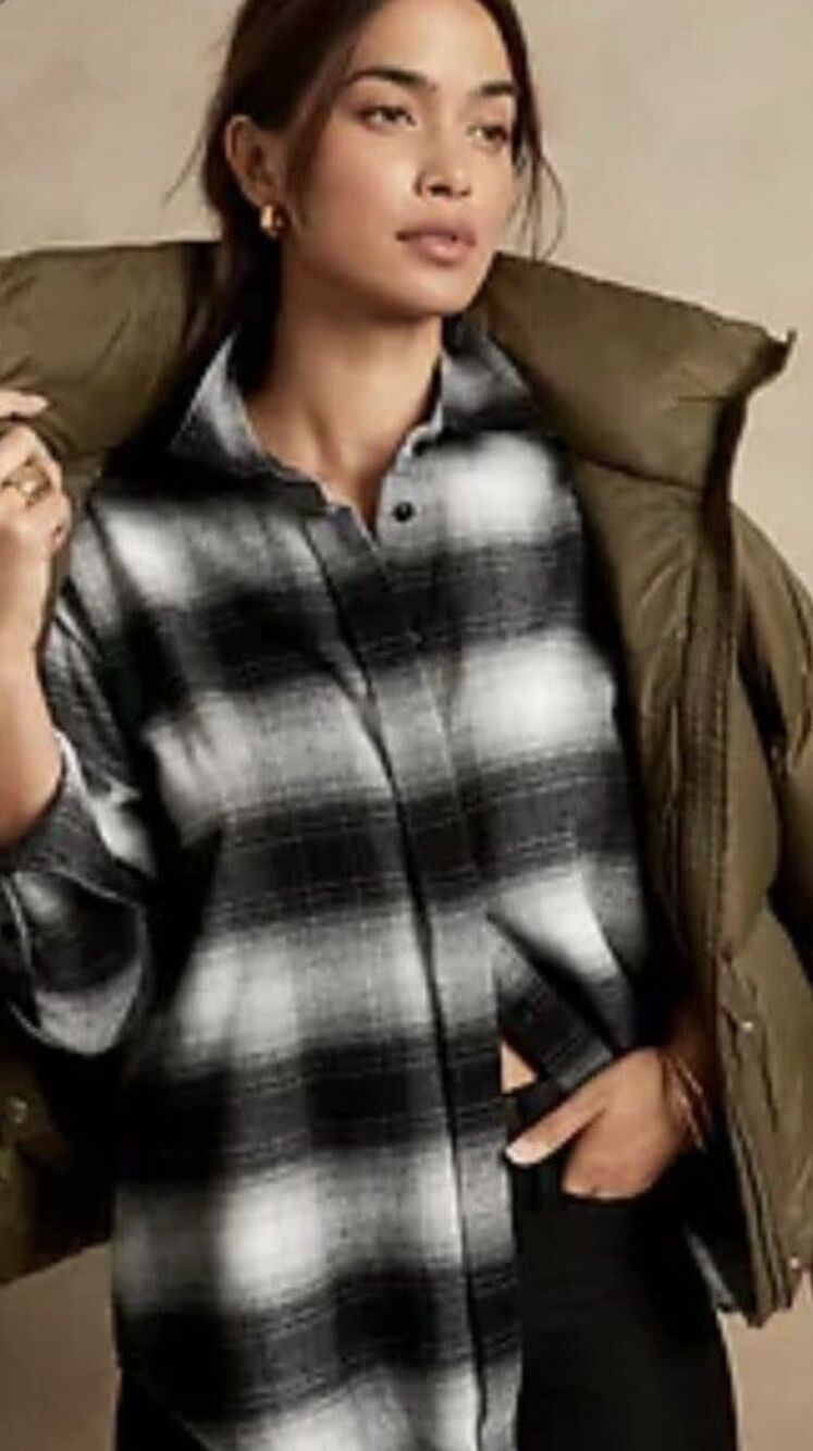 Banana Republic Black White Plaid Flannel Shirt Cotton Boxy Shacket Button L